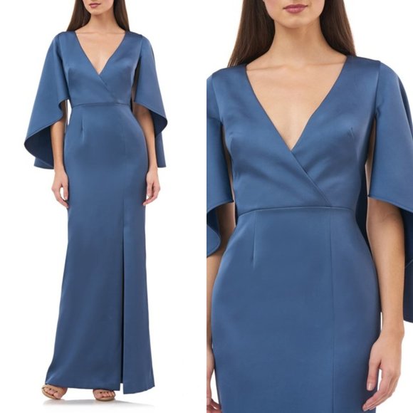 NWT $348 JS COLLECTIONS Maxi Dress Womens Navy 2 XS Cape Sleeve Wedding Empire - Picture 9 of 12